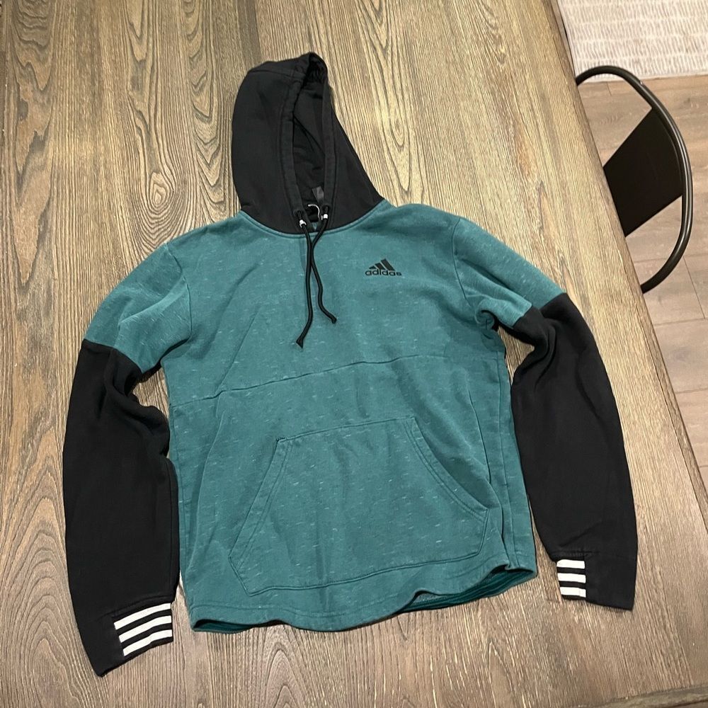 Adidas Sweatshirt Hoodie Logo Print Pullover Pockets Colorblock Green Black S